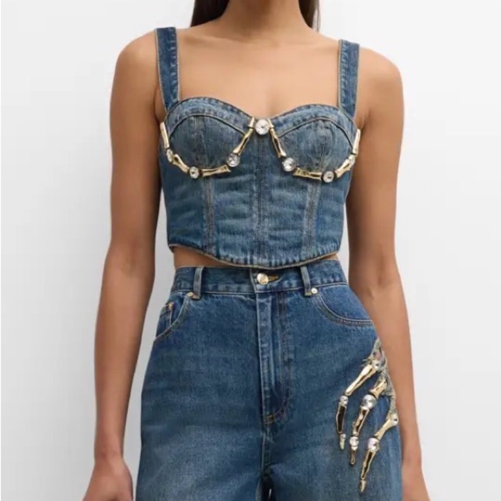 New Authentic AREA Denim Bustier Top with Gold Accents Size 2 - Picture 3 of 15